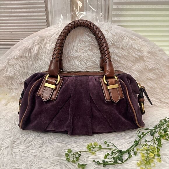 BANANA REPUBLIC Purple Suede Braided Leather Handle Zip Top Satchel Hand Bag - Picture 1 of 10